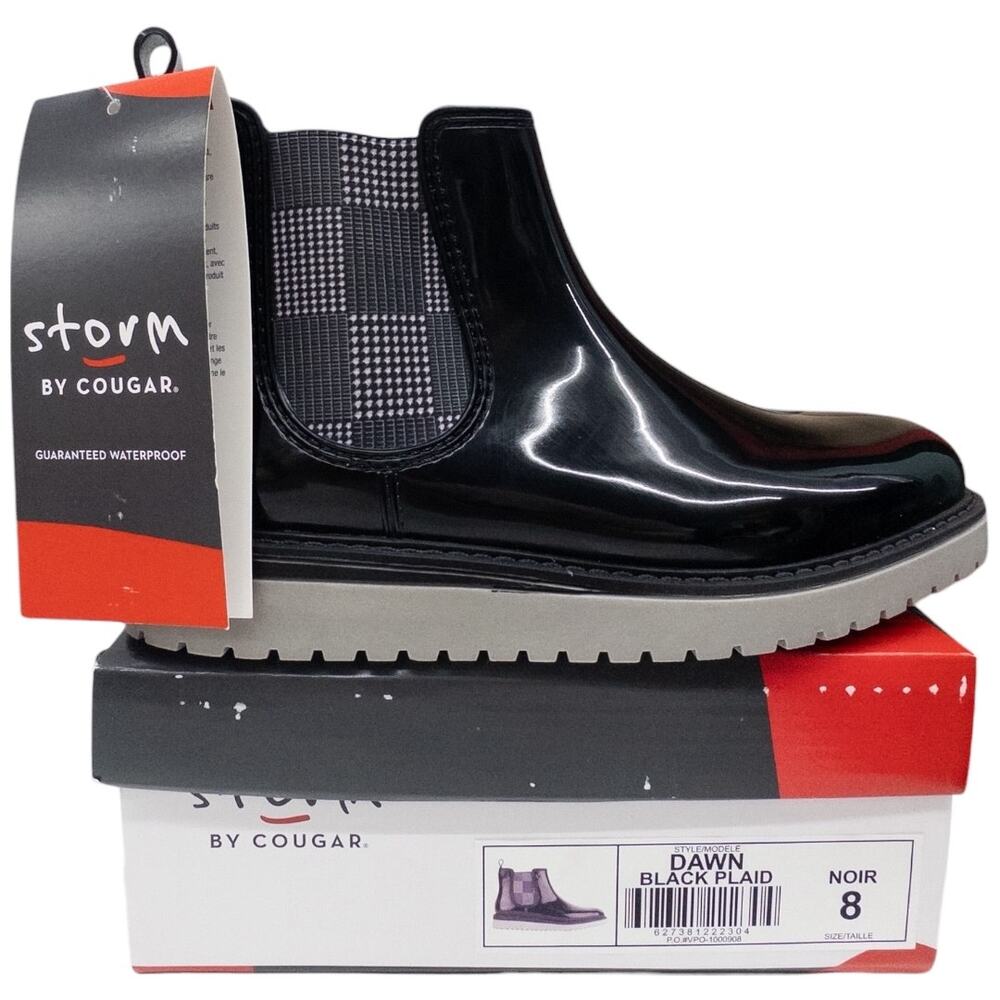 Storm by Cougar Dawn Waterproof Chelsea Rain Boots Women's 8 Glossy Black Plaid